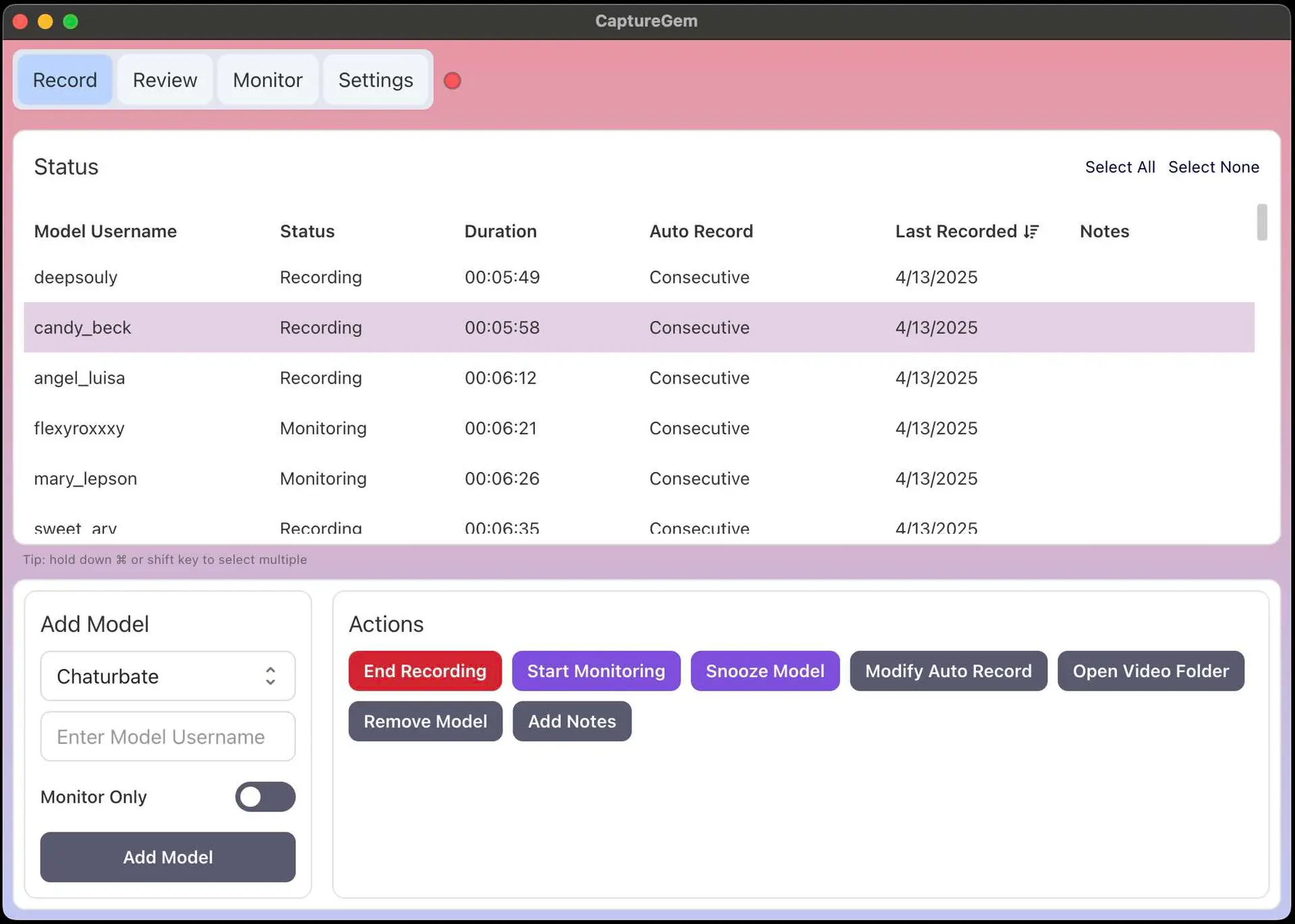 Screenshot of CaptureGem recording interface in action